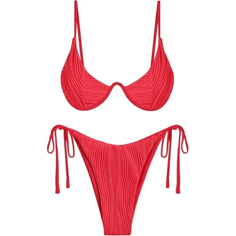Zaful Women's 2pc Underwire Textured Side Tie‎ Bikini Swimsuit - Red - Large